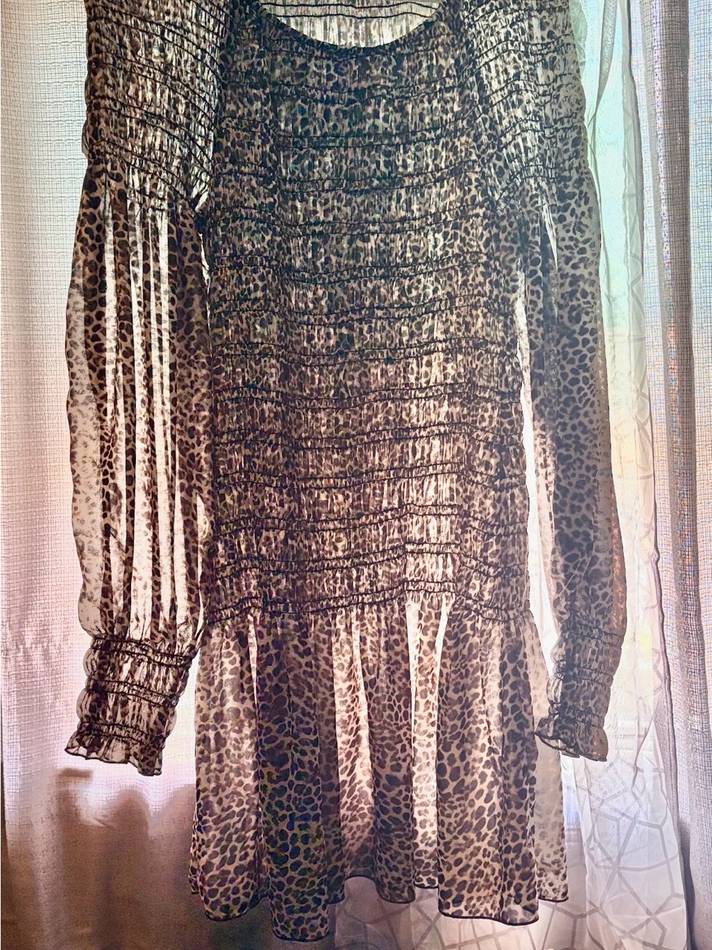 MINKPINK Leopard Print Long Sleeve Smocked Mini Dress - Brown/Black